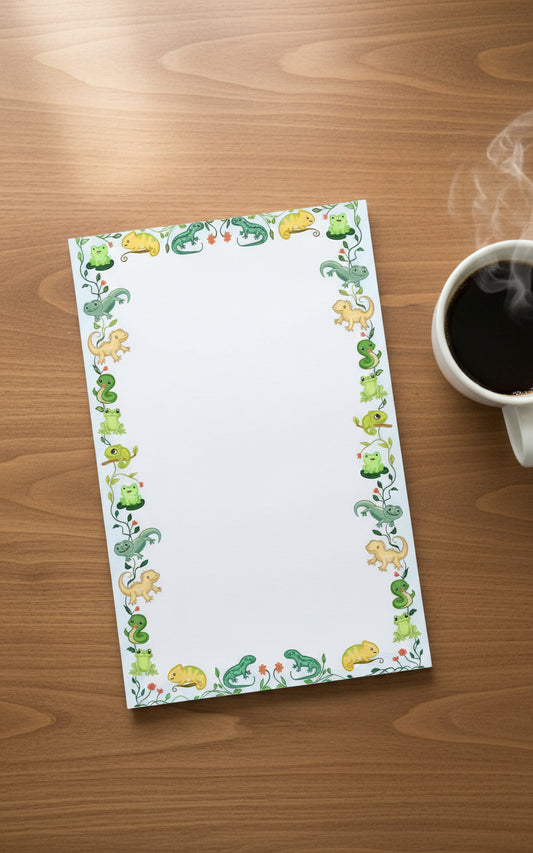 Decorative border with cartoon dinosaurs and frogs on a white background